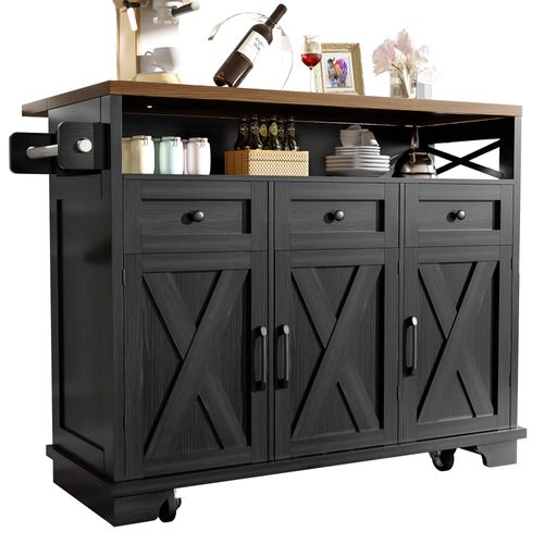 Îlot De Cuisine Extensible 118×43×98 Cm Avec 3 Tiroirs, Portes, Étagère, Roulettes, Mdf, Noir