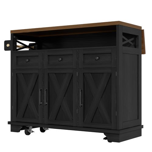 Îlot De Cuisine Extensible 118×43×98 Cm Avec 3 Tiroirs, Portes, Étagère, Roulettes, Mdf, Noir