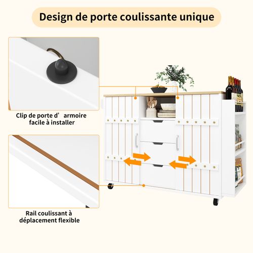Îlot De Cuisine Extensible 110×42×90 Cm Avec 3 Tiroirs, Portes, Étagères, Roulettes, Mdf, Blanc