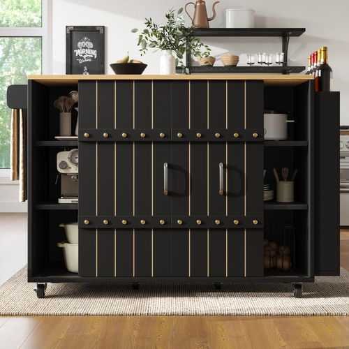 Îlot De Cuisine Extensible 110×42×90 Cm Avec 3 Tiroirs, Portes, Étagères, Roulettes, Mdf, Noir