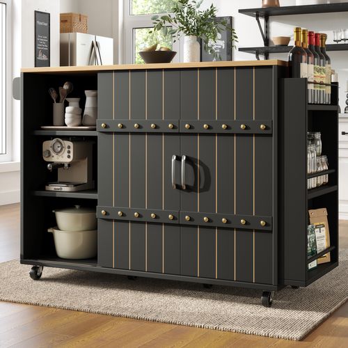 Îlot De Cuisine Extensible 110×42×90 Cm Avec 3 Tiroirs, Portes, Étagères, Roulettes, Mdf, Noir