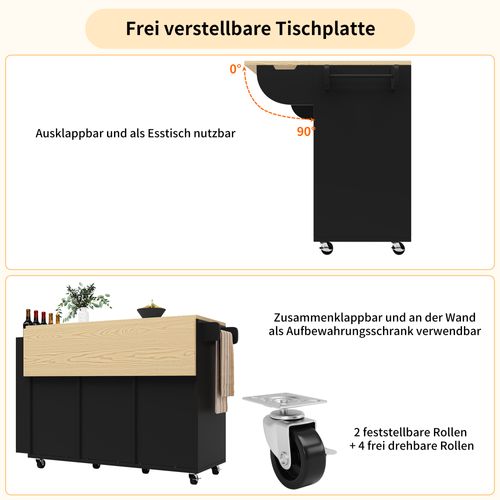 Îlot De Cuisine Extensible 110×42×90 Cm Avec 3 Tiroirs, Portes, Étagères, Roulettes, Mdf, Noir