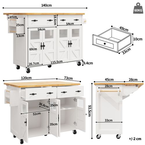 Îlot De Cuisine Extensible 140x45-73x93.5 Cm, Tiroirs, Porte-serviette, Étagère, Mdf, Blanc