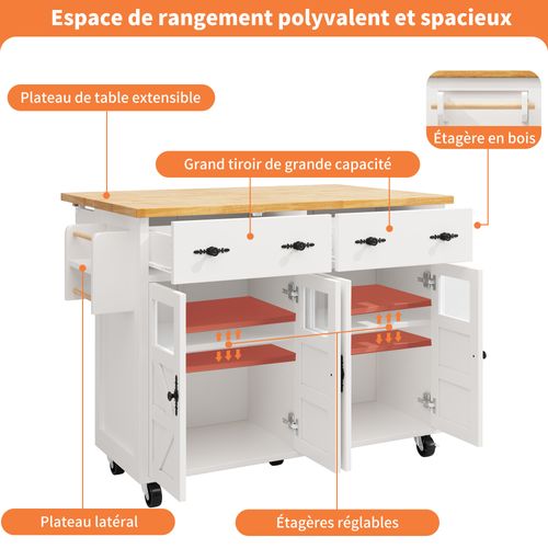 Îlot De Cuisine Extensible 140x45-73x93.5 Cm, Tiroirs, Porte-serviette, Étagère, Mdf, Blanc