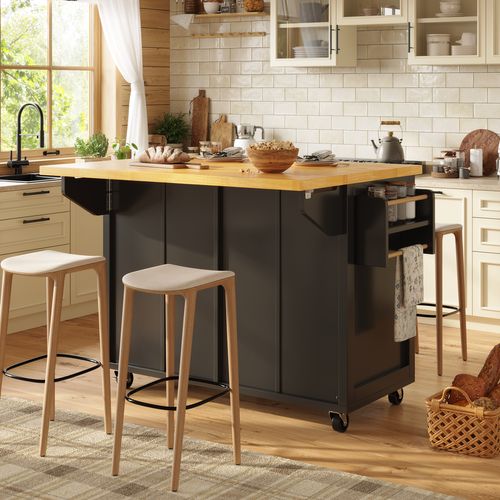 Îlot De Cuisine Extensible 140x45-73x93.5 Cm, Tiroirs, Porte-serviette, Étagère, Mdf, Noir