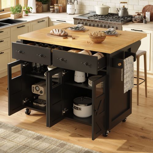 Îlot De Cuisine Extensible 140x45-73x93.5 Cm, Tiroirs, Porte-serviette, Étagère, Mdf, Noir