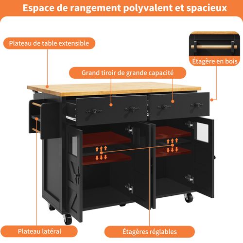 Îlot De Cuisine Extensible 140x45-73x93.5 Cm, Tiroirs, Porte-serviette, Étagère, Mdf, Noir