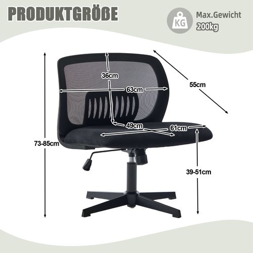 Chaise De Bureau 63x55x73-85 Cm, Rotatives à 360°, Hauteur Réglable, Sans Accoudoirs, Velours Noir