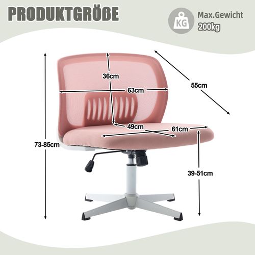Chaise De Bureau 63x55x73-85 Cm, Rotatives à 360°, Hauteur Réglable, Sans Accoudoirs, Maille Rose