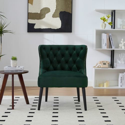 Fauteuil 61x65x80 Cm, Clous Décoratifs, Pied En Bois, Velours Vert Emeraude