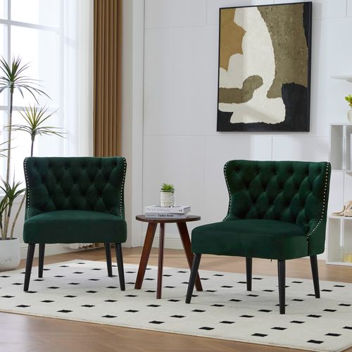 Fauteuil 61x65x80 Cm, Clous Décoratifs, Pied En Bois, Velours Vert Emeraude