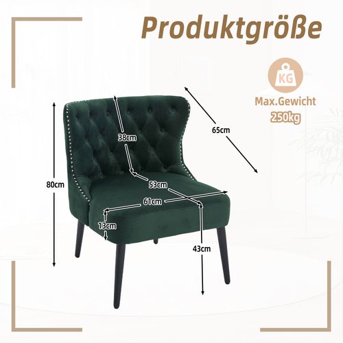 Fauteuil 61x65x80 Cm, Clous Décoratifs, Pied En Bois, Velours Vert Emeraude