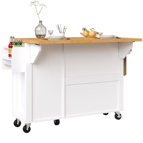Desserte De Cuisine, Îlot De Cuisine Blanc Avec Rangements, Table Pliante, Tiroir Et Roulettes