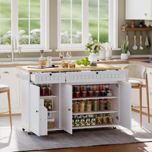 Desserte, Îlot De Cuisine Pliable Blanc Avec 2 Tiroirs, Roulettes, 3 Portes Et Rangement Intégré