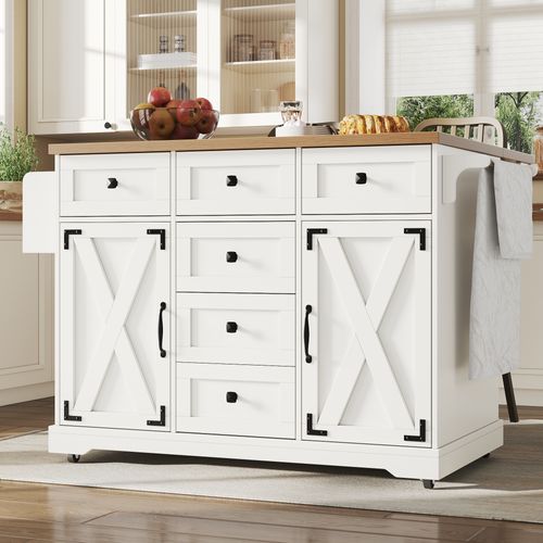 Desserte Blanc, Buffet De Cuisine Pliable, 5 Tiroirs Et 2 Portes, Grand Rangement, Servante Mobile