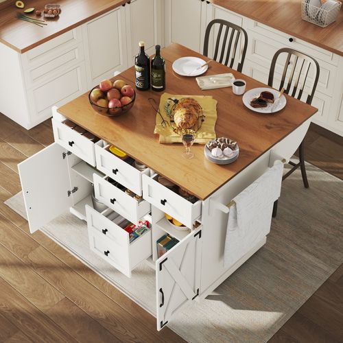Desserte Blanc, Buffet De Cuisine Pliable, 5 Tiroirs Et 2 Portes, Grand Rangement, Servante Mobile