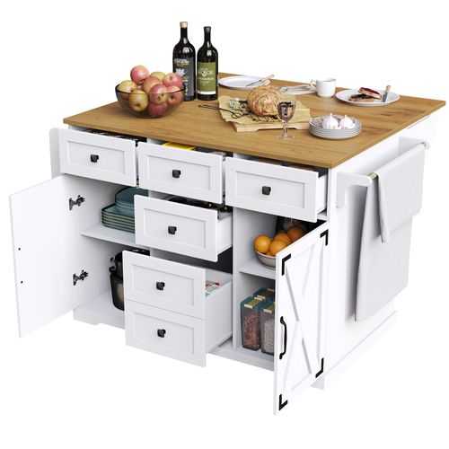 Desserte Blanc, Buffet De Cuisine Pliable, 5 Tiroirs Et 2 Portes, Grand Rangement, Servante Mobile