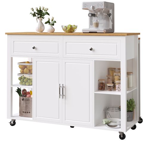 Desserte De Cuisine Blanche Mobile, Plateau Extensible, 7 Roulettes, 2 Tiroirs, 2 Portes, Rangement