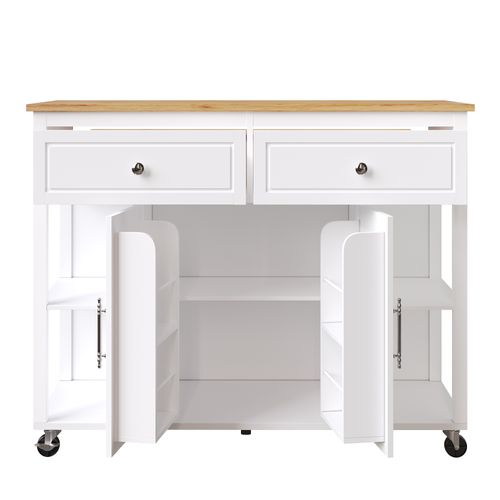 Desserte De Cuisine Blanche Mobile, Plateau Extensible, 7 Roulettes, 2 Tiroirs, 2 Portes, Rangement