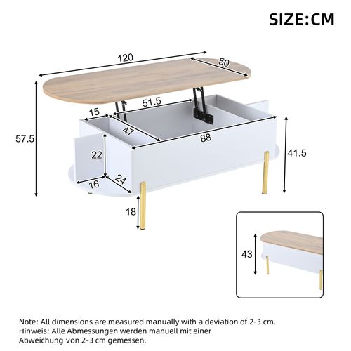 Table Basse Ovale Relevable L.120cm Blanche Avec Plateau Bois Naturel, Rangements Fermés Et Ouverts