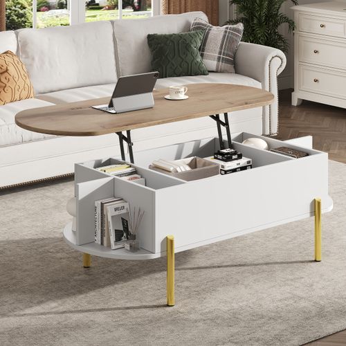 Table Basse Ovale Relevable L.120cm Blanche Avec Plateau Bois Naturel, Rangements Fermés Et Ouverts