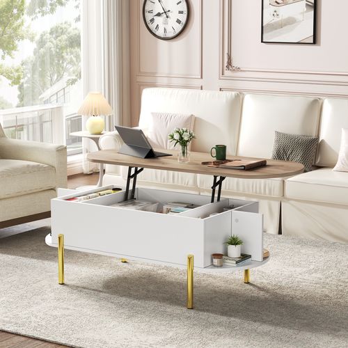 Table Basse Ovale Relevable L.120cm Blanche Avec Plateau Bois Naturel, Rangements Fermés Et Ouverts