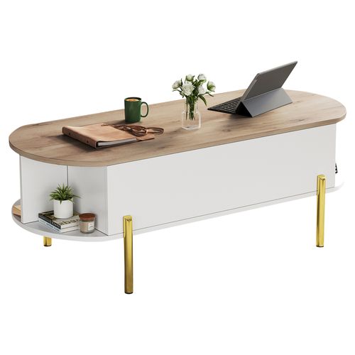 Table Basse Ovale Relevable L.120cm Blanche Avec Plateau Bois Naturel, Rangements Fermés Et Ouverts