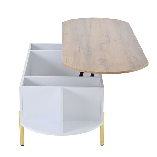 Table Basse Ovale Relevable L.120cm Blanche Avec Plateau Bois Naturel, Rangements Fermés Et Ouverts