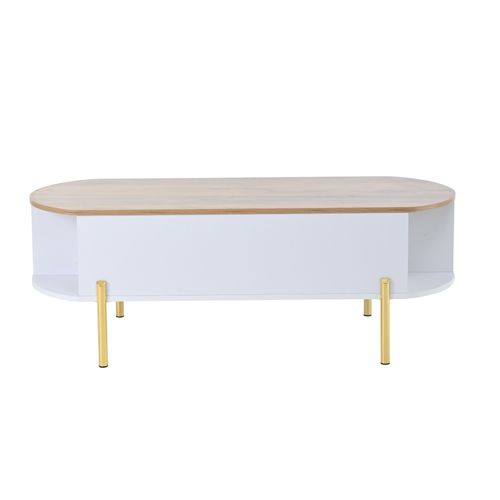 Table Basse Ovale Relevable L.120cm Blanche Avec Plateau Bois Naturel, Rangements Fermés Et Ouverts