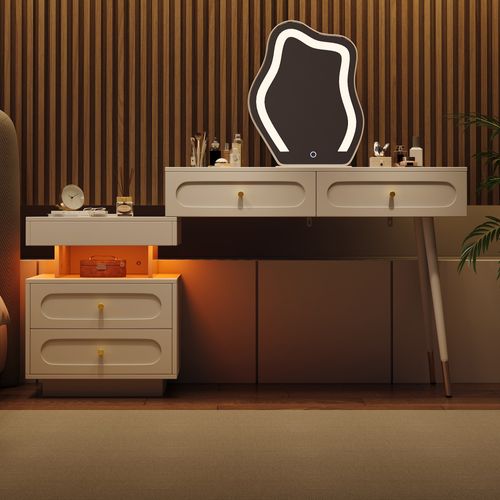 Coiffeuse Blanche Avec LED, 4 Tiroirs Et Espace De Rangement Modulable 140x40x130 Cm