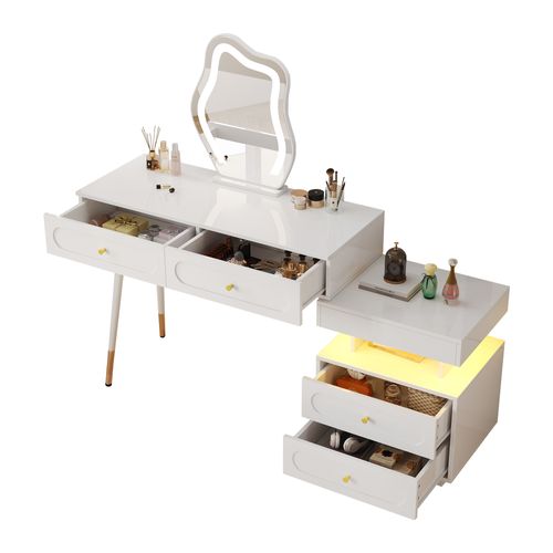 Coiffeuse Blanche Avec LED, 4 Tiroirs Et Espace De Rangement Modulable 140x40x130 Cm