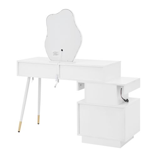 Coiffeuse Blanche Avec LED, 4 Tiroirs Et Espace De Rangement Modulable 140x40x130 Cm