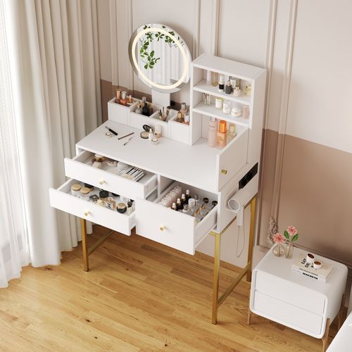 Coiffeuse Blanche Avec Miroir LED 3 Couleurs, Prises Intégrées Et Rangement, Support Sèche-cheveux