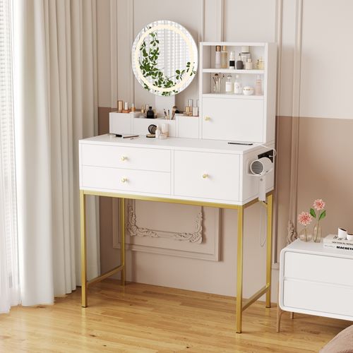 Coiffeuse Blanche Avec Miroir LED 3 Couleurs, Prises Intégrées Et Rangement, Support Sèche-cheveux