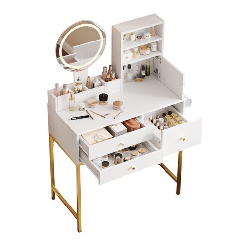 Coiffeuse Blanche Avec Miroir LED 3 Couleurs, Prises Intégrées Et Rangement, Support Sèche-cheveux