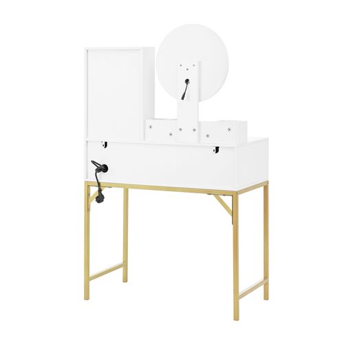 Coiffeuse Blanche Avec Miroir LED 3 Couleurs, Prises Intégrées Et Rangement, Support Sèche-cheveux