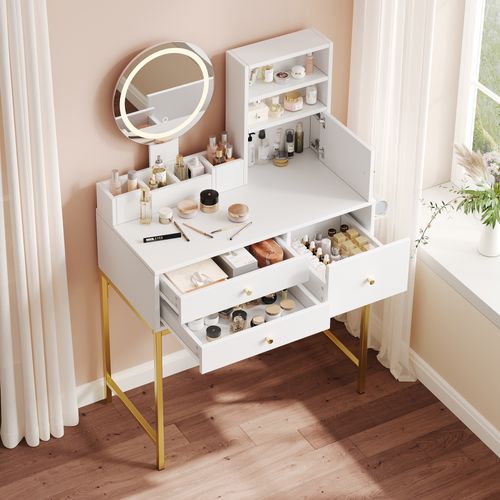 Coiffeuse Blanche Avec Miroir LED 3 Couleurs, Prises Intégrées Et Rangement, Support Sèche-cheveux