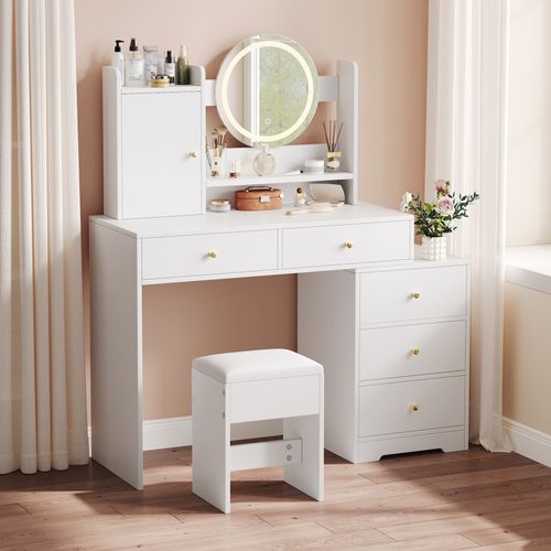 Ensemble Coiffeuse Et Tabouret Blanche Avec Miroir LED 3 Couleurs, 5 Tiroirs, Rangement Et Sécurité