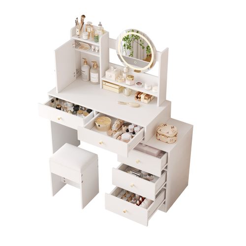Ensemble Coiffeuse Et Tabouret Blanche Avec Miroir LED 3 Couleurs, 5 Tiroirs, Rangement Et Sécurité
