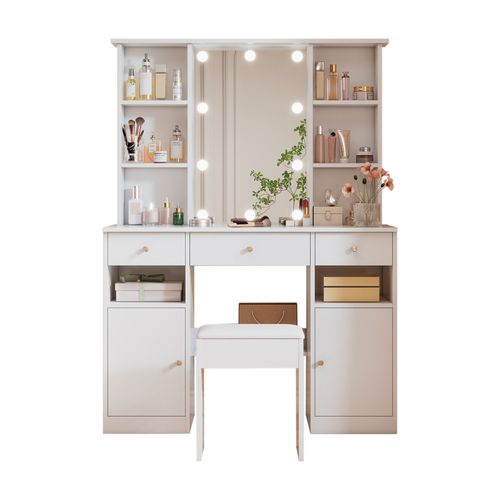 Ensemble Coiffeuse Et Tabouret Blanche Hollywood Avec Miroir LED Réglables Et Grand Rangement
