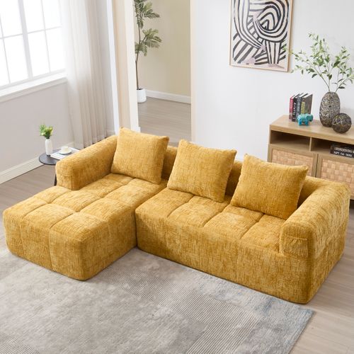 Canapé D'angle 3 Places Modulable - Rangement Latéral - Confort Moderne - Chenille - Jaune