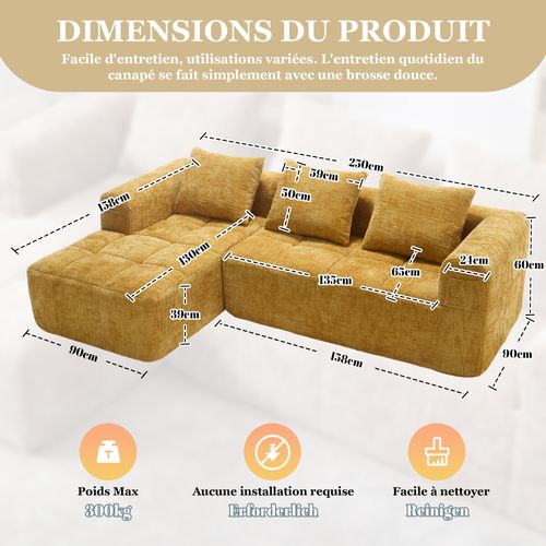 Canapé D'angle 3 Places Modulable - Rangement Latéral - Confort Moderne - Chenille - Jaune
