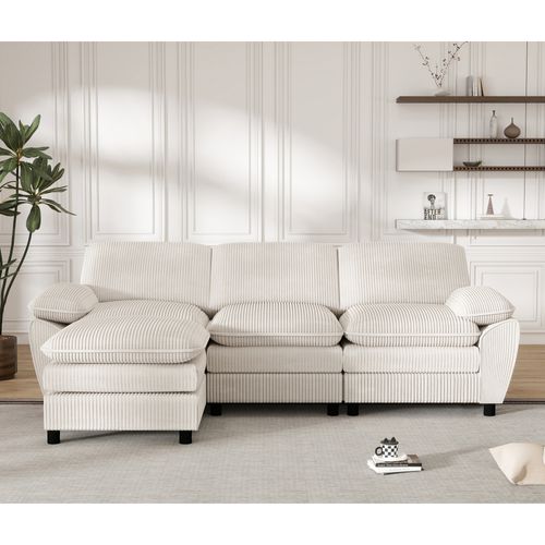 Canapé D'angle 3 Places - Modulable - Coussins Amovibles - Velours Côtelé - Beige