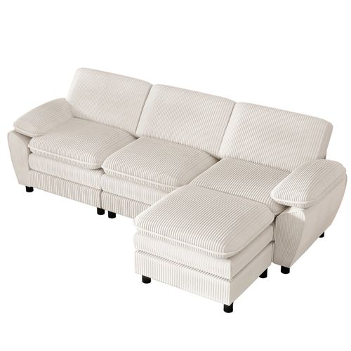 Canapé D'angle 3 Places - Modulable - Coussins Amovibles - Velours Côtelé - Beige