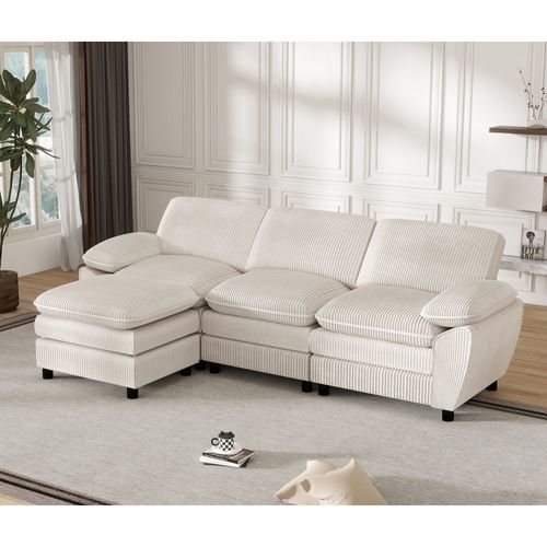 Canapé D'angle 3 Places - Modulable - Coussins Amovibles - Velours Côtelé - Beige