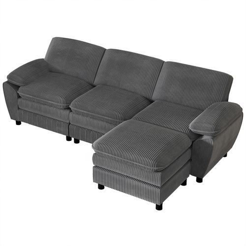 Canapé D'angle 3 Places - Modulable - Coussins Amovibles - Velours Côtelé - Gris Foncé