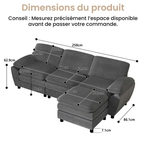 Canapé D'angle 3 Places - Modulable - Coussins Amovibles - Velours Côtelé - Gris Foncé