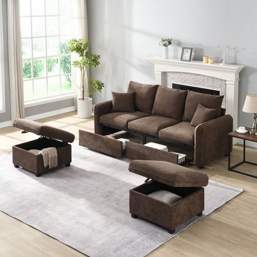 Canapé 3 Places - Modulable - Rangement - Chenille Doux - Marron