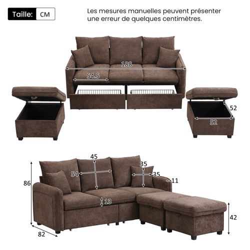 Canapé 3 Places - Modulable - Rangement - Chenille Doux - Marron
