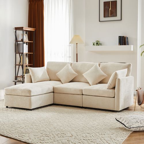 Canapé D'angle L 4 Places - Modulable - Repose-pieds - Chenille - Beige